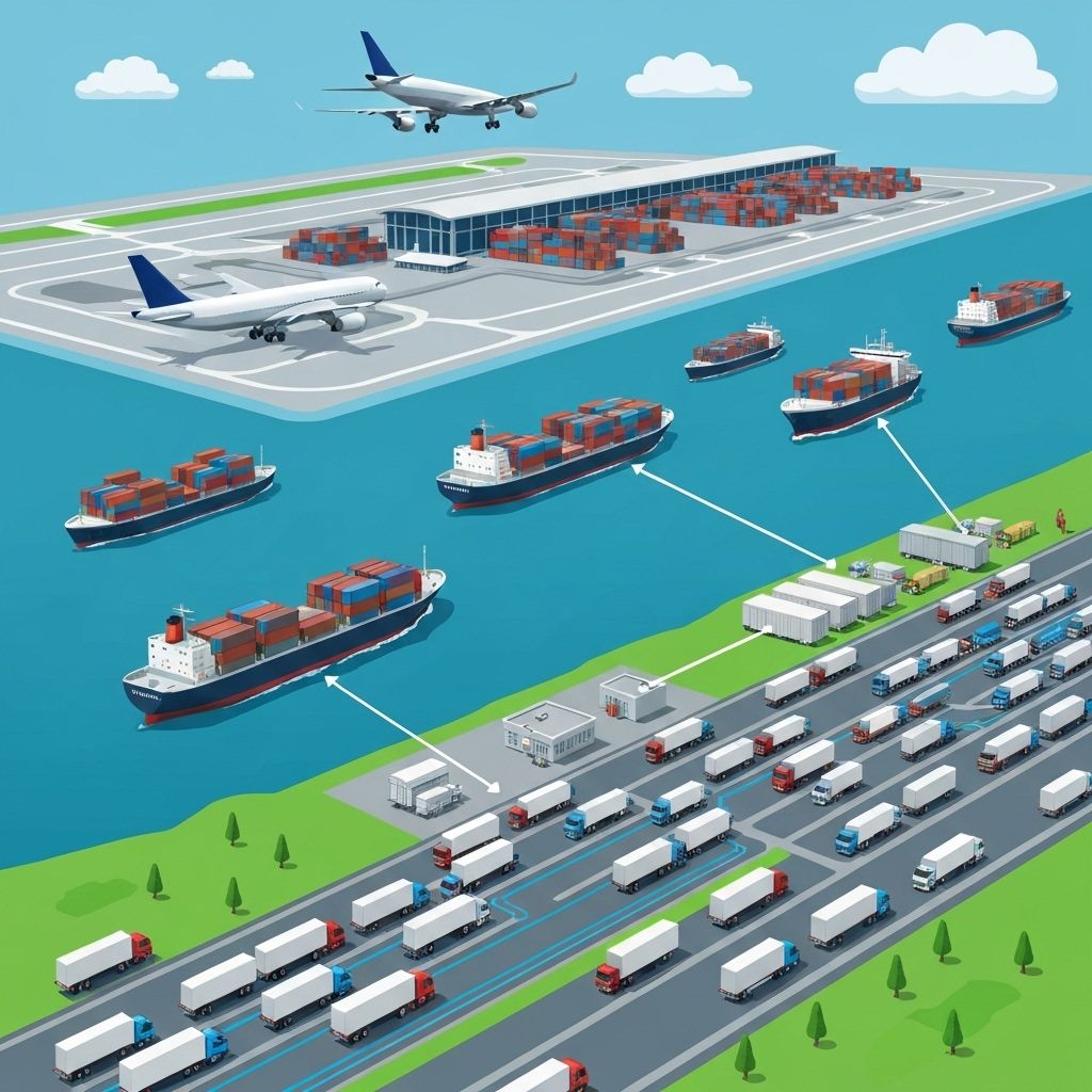 Global logistics network with planes, ships, and trucks