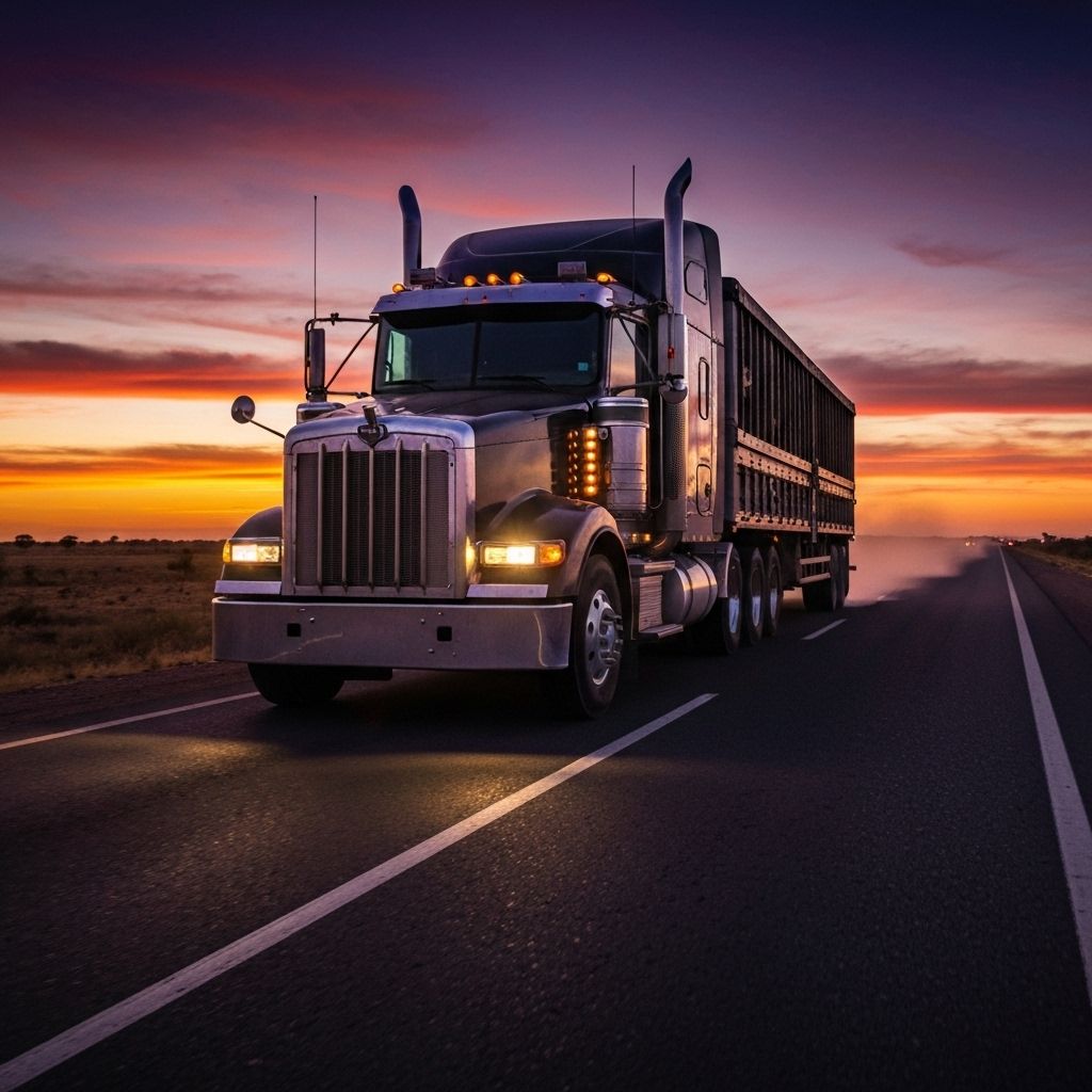 Semi truck on highway at sunset